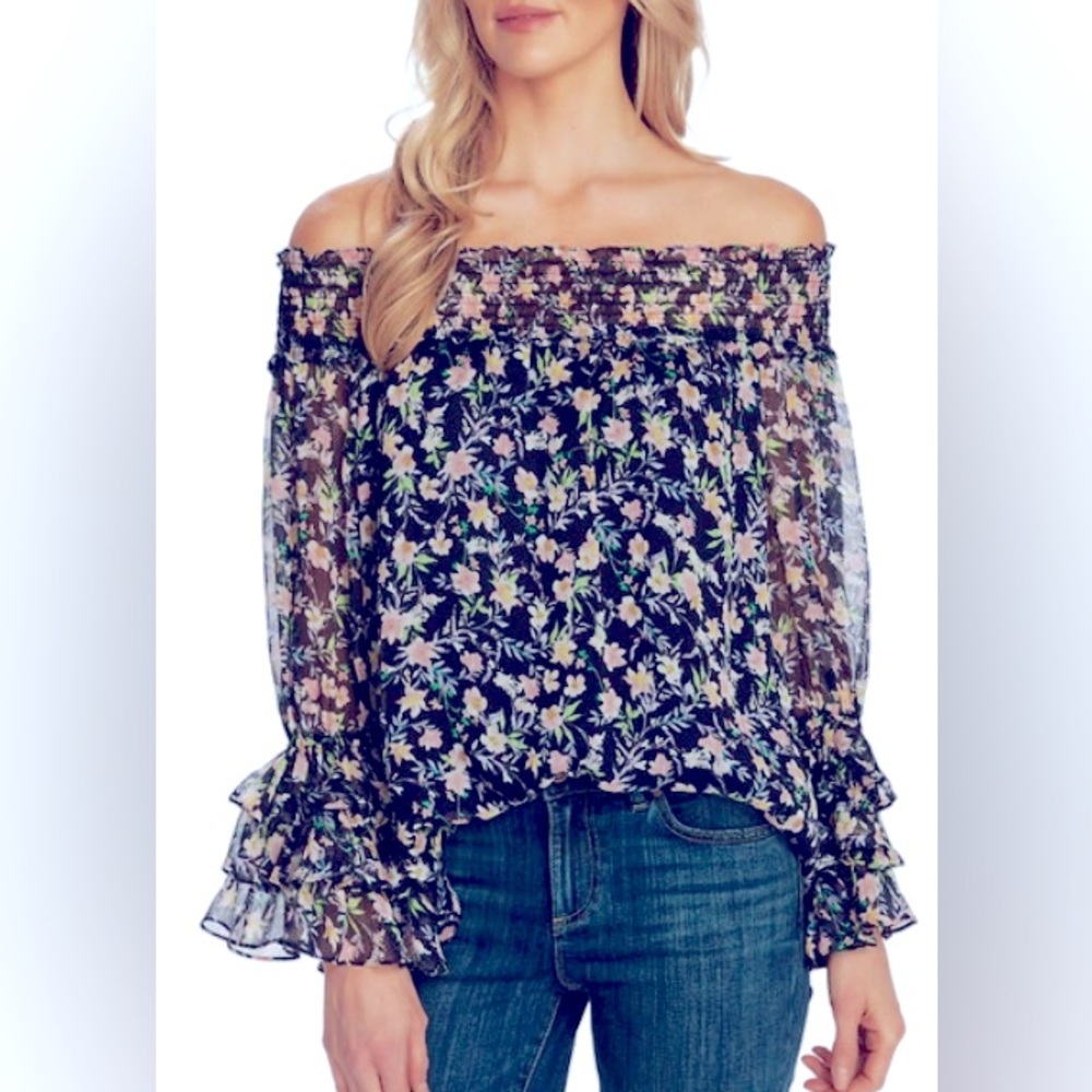 CeCe blue floral 3/4 ruffle sleeves wear on/off shoulders blouse-size small